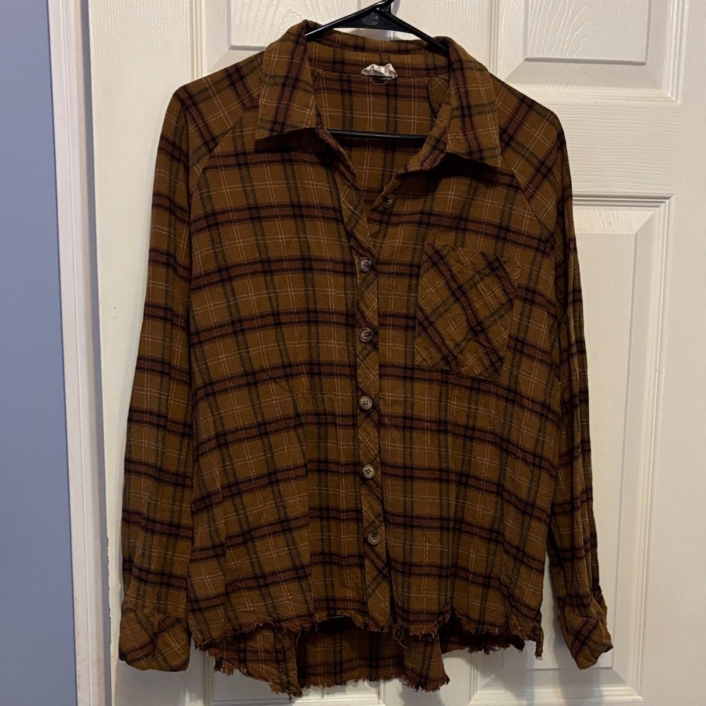 Women’s Hem & Thread Brown Plaid Button-Up Shirt Medium